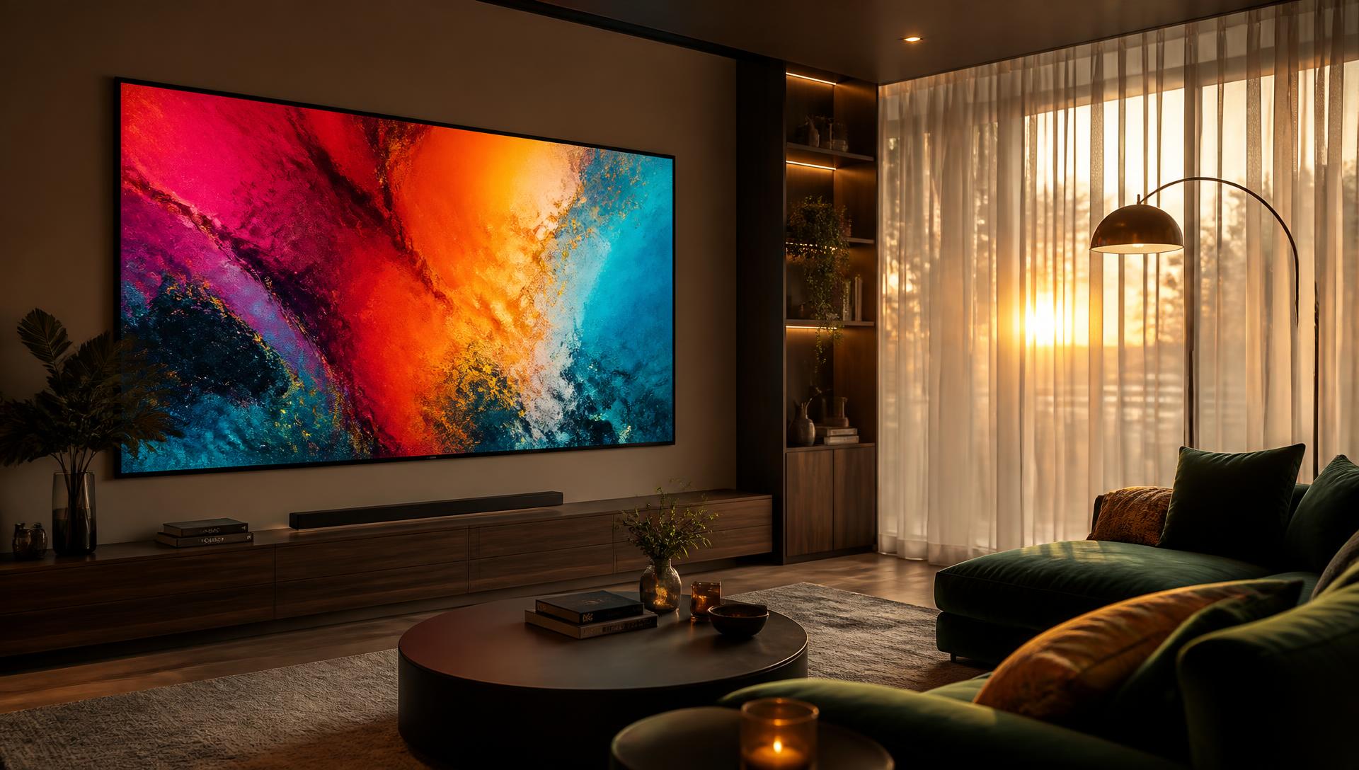 Modern living room with a large Hisense television
